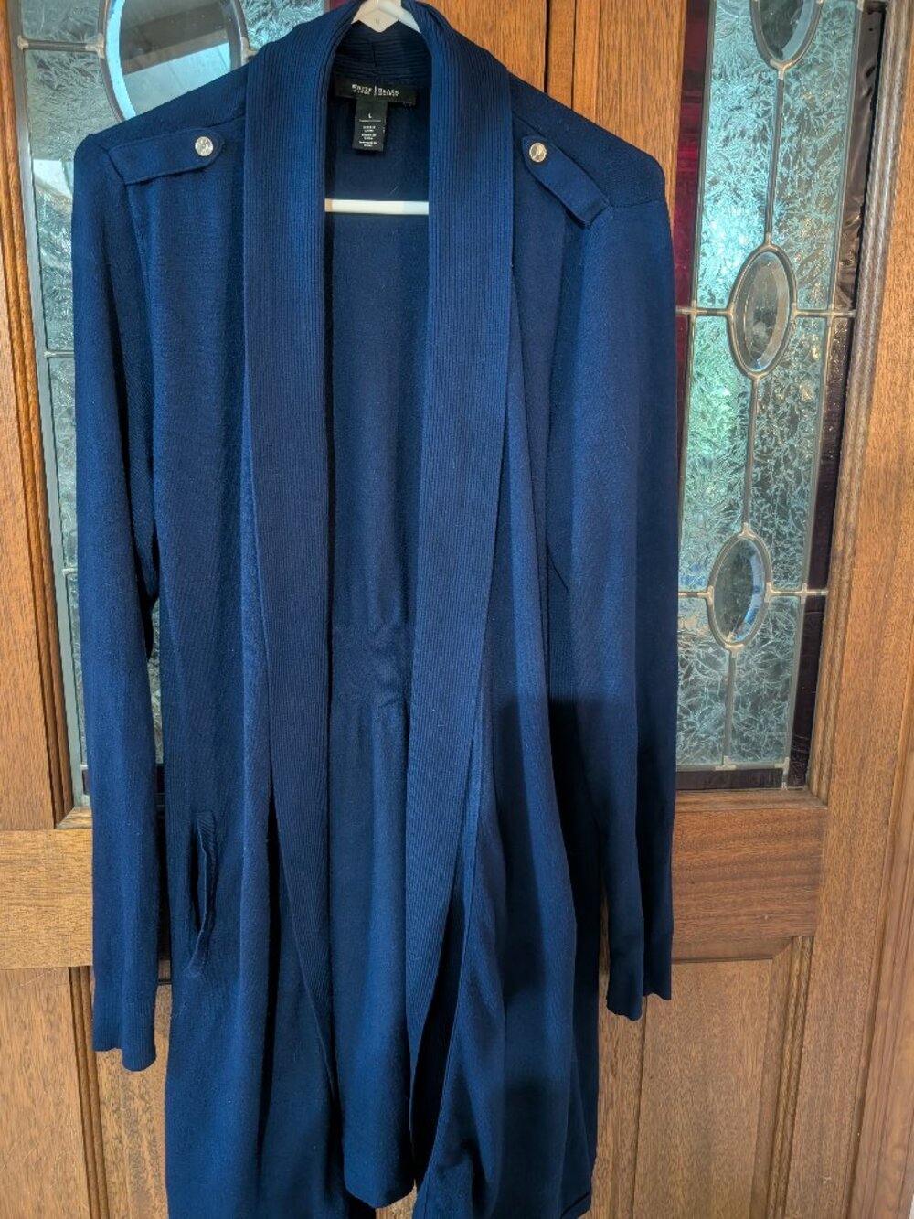 Womens navy blue open-front longline cardigan duster, size Large
